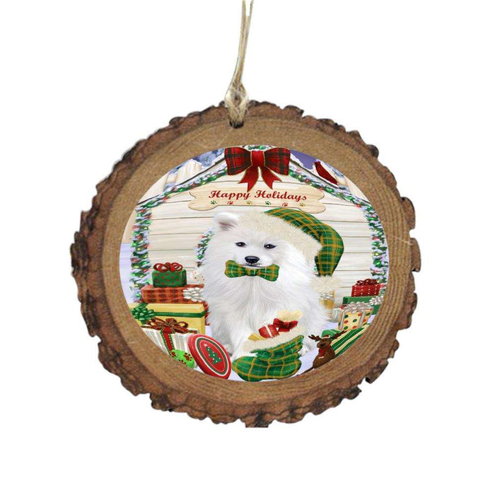Happy Holidays Christmas Samoyed House With Presents Wooden Christmas Ornament WOR49942