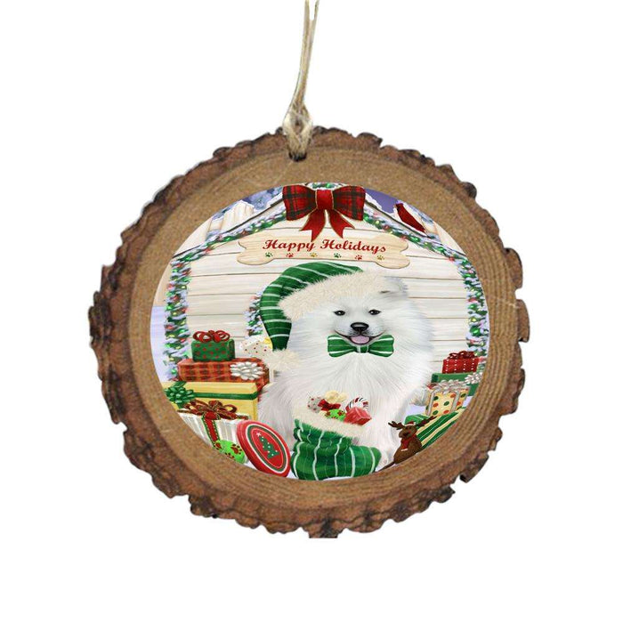 Happy Holidays Christmas Samoyed House With Presents Wooden Christmas Ornament WOR49943