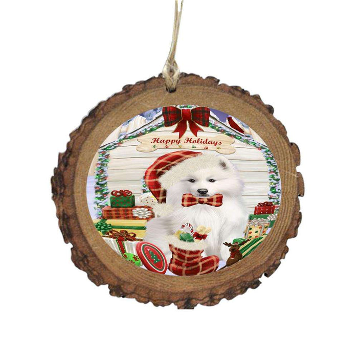 Happy Holidays Christmas Samoyed House With Presents Wooden Christmas Ornament WOR49944