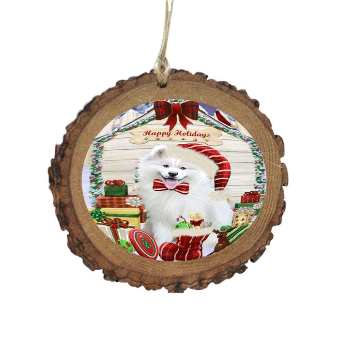 Happy Holidays Christmas Samoyed House With Presents Wooden Christmas Ornament WOR49945