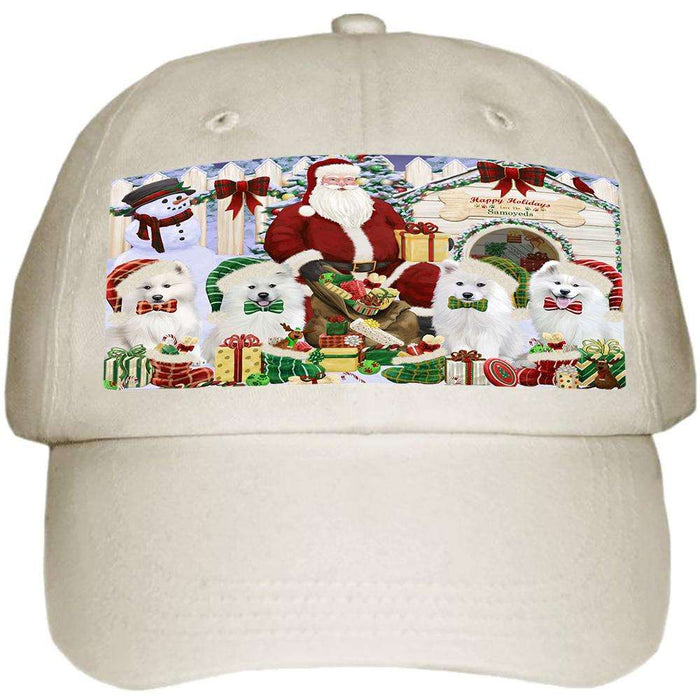 Happy Holidays Christmas Samoyeds Dog House Gathering Ball Hat Cap HAT60174