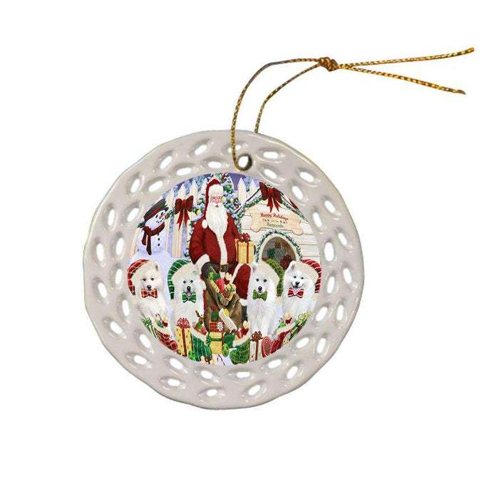 Happy Holidays Christmas Samoyeds Dog House Gathering Ceramic Doily Ornament DPOR52095