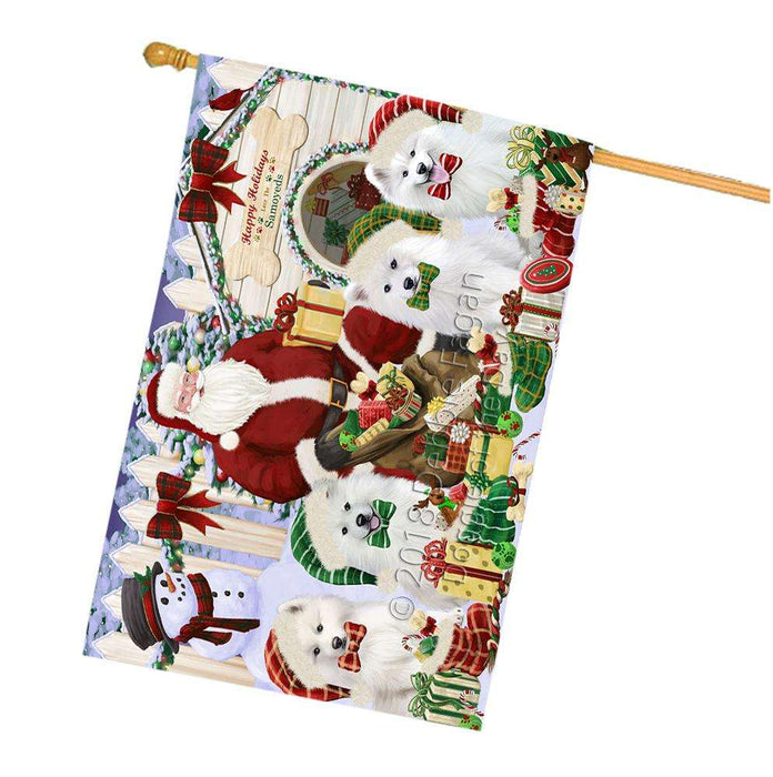 Happy Holidays Christmas Samoyeds Dog House Gathering House Flag FLG52228