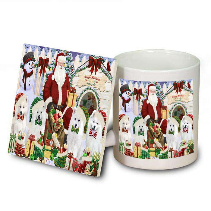 Happy Holidays Christmas Samoyeds Dog House Gathering Mug and Coaster Set MUC52087