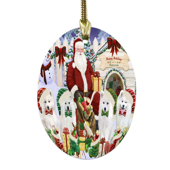 Happy Holidays Christmas Samoyeds Dog House Gathering Oval Glass Christmas Ornament OGOR49722