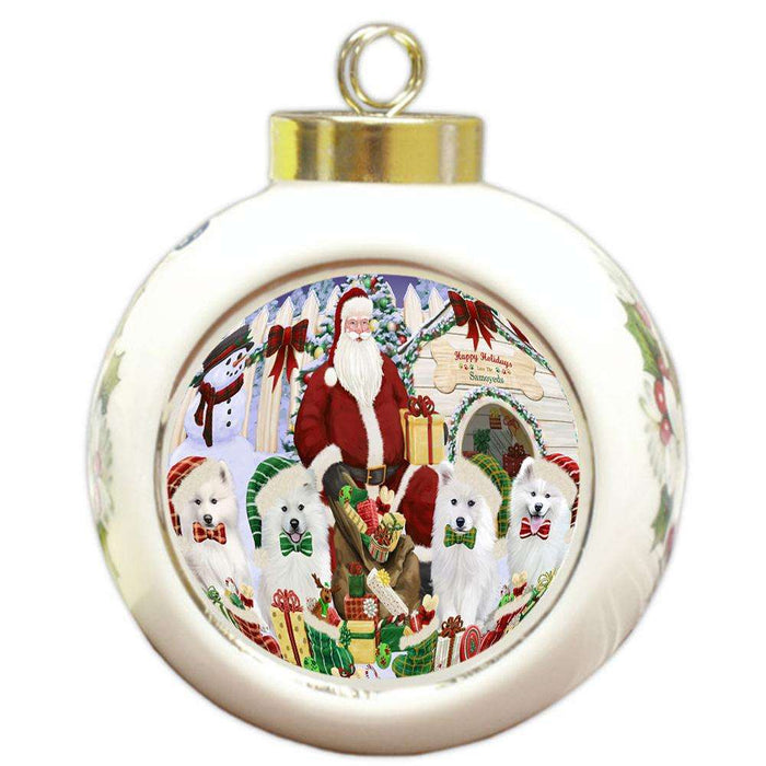 Happy Holidays Christmas Samoyeds Dog House Gathering Round Ball Christmas Ornament RBPOR52095