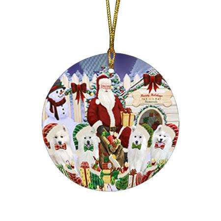 Happy Holidays Christmas Samoyeds Dog House Gathering Round Flat Christmas Ornament RFPOR52086