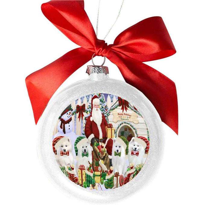 Happy Holidays Christmas Samoyeds Dog House Gathering White Round Ball Christmas Ornament WBSOR49722
