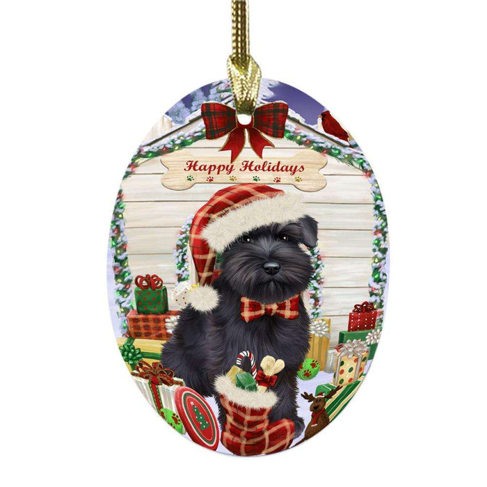 Happy Holidays Christmas Schnauzer House With Presents Oval Glass Christmas Ornament OGOR49948