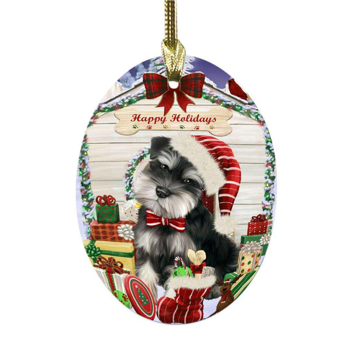 Happy Holidays Christmas Schnauzer House With Presents Oval Glass Christmas Ornament OGOR49949