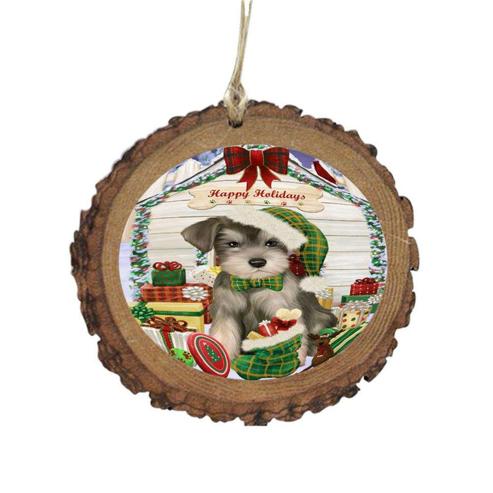 Happy Holidays Christmas Schnauzer House With Presents Wooden Christmas Ornament WOR49946