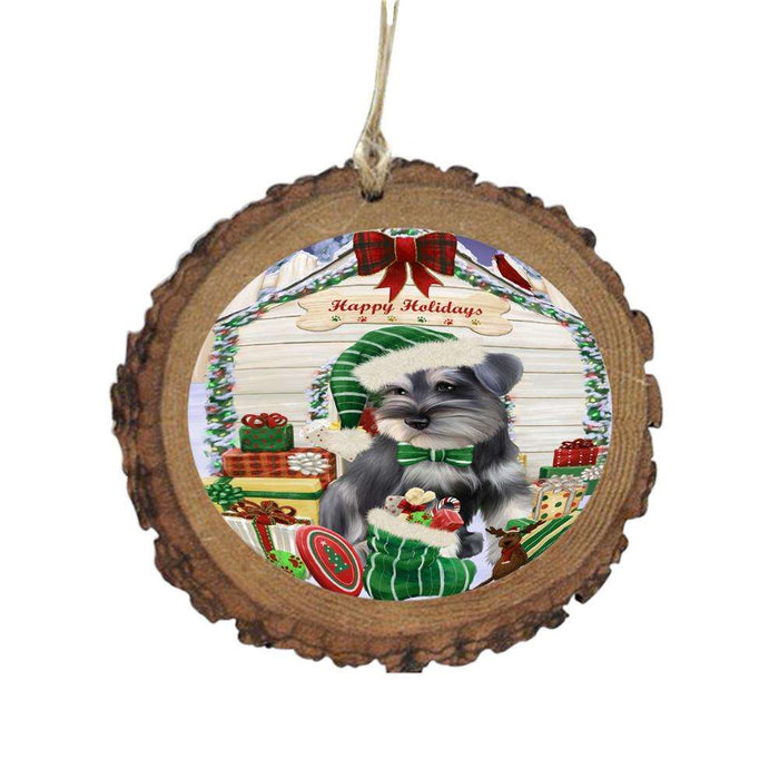 Happy Holidays Christmas Schnauzer House With Presents Wooden Christmas Ornament WOR49947