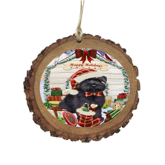 Happy Holidays Christmas Schnauzer House With Presents Wooden Christmas Ornament WOR49948