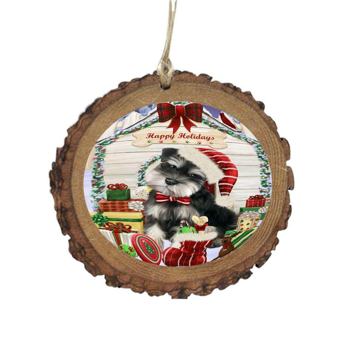 Happy Holidays Christmas Schnauzer House With Presents Wooden Christmas Ornament WOR49949