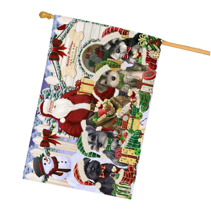 Happy Holidays Christmas Schnauzers Dog House Gathering House Flag FLG51595