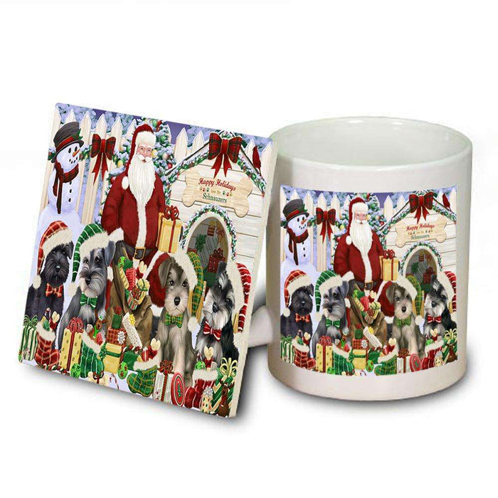 Happy Holidays Christmas Schnauzers Dog House Gathering Mug and Coaster Set MUC51454