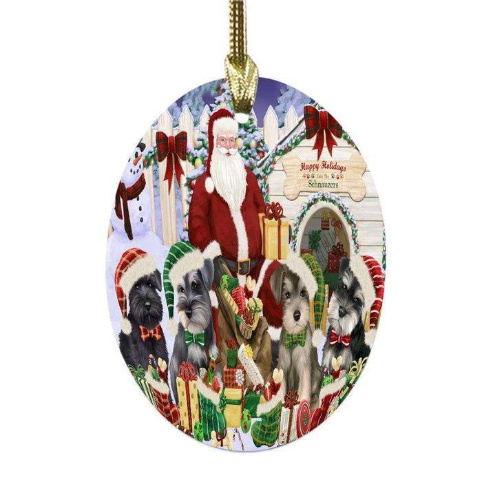 Happy Holidays Christmas Schnauzers Dog House Gathering Oval Glass Christmas Ornament OGOR49723