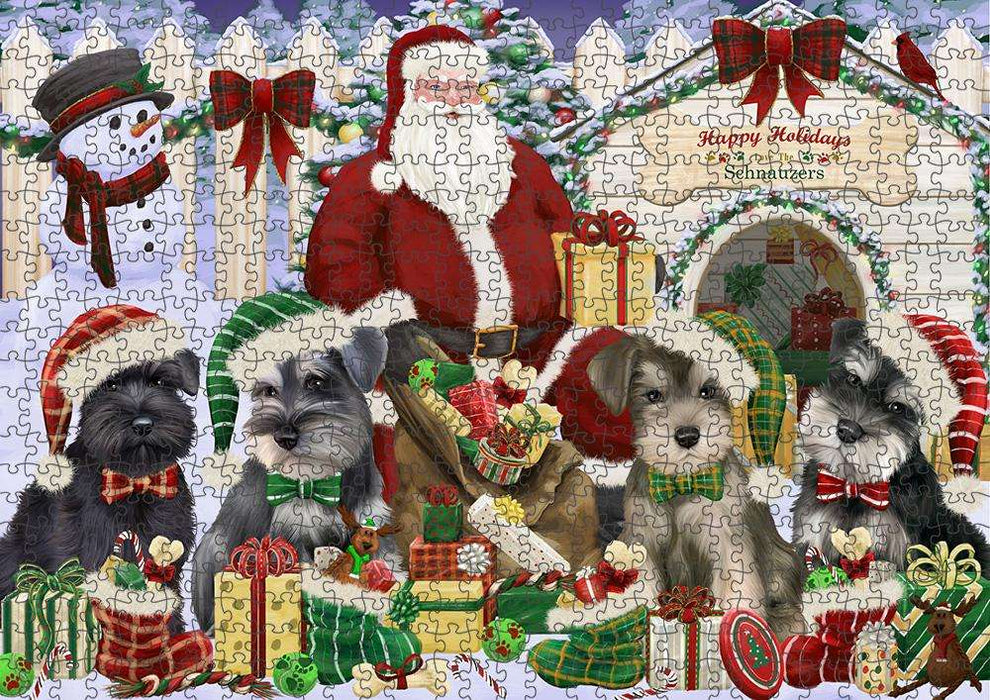 Happy Holidays Christmas Schnauzers Dog House Gathering Puzzle with Photo Tin PUZL58473
