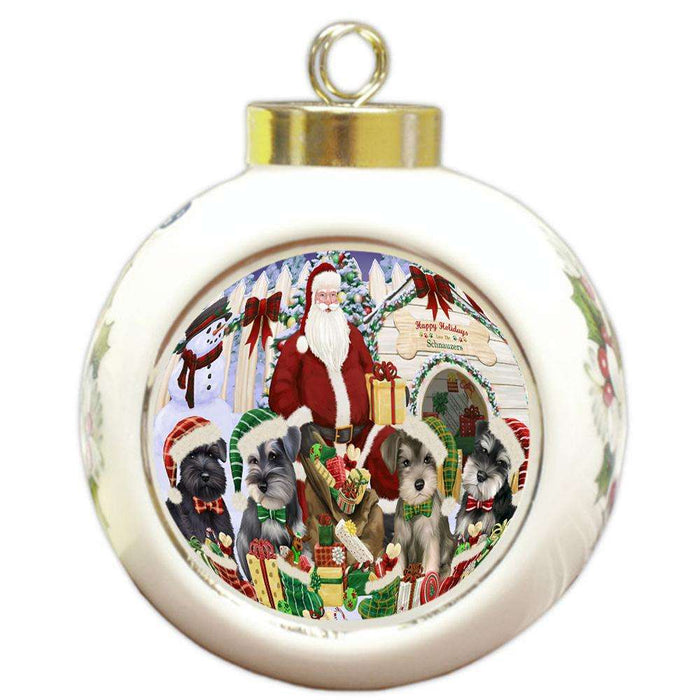 Happy Holidays Christmas Schnauzers Dog House Gathering Round Ball Christmas Ornament RBPOR51462