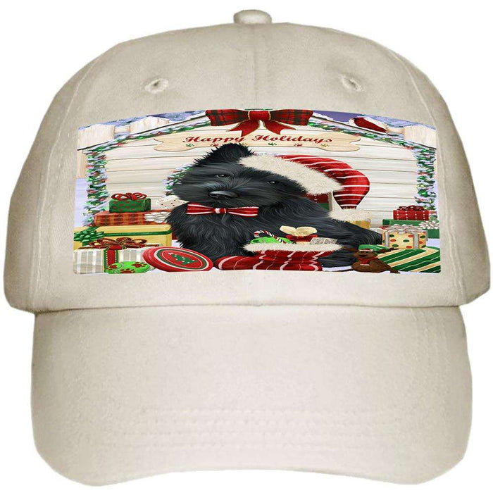 Happy Holidays Christmas Scottish Terrier Dog House with Presents Ball Hat Cap HAT58218