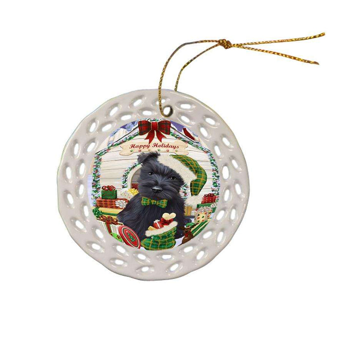 Happy Holidays Christmas Scottish Terrier Dog House With Presents Ceramic Doily Ornament DPOR51492