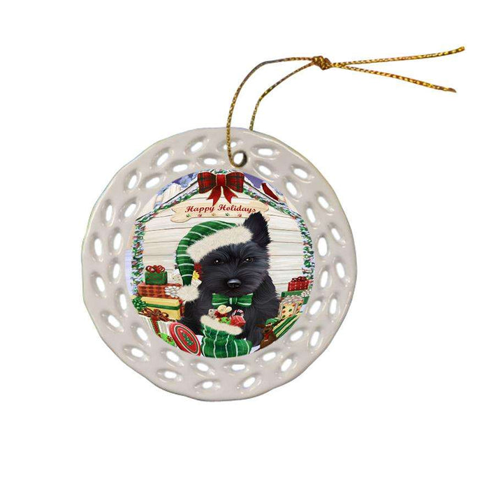 Happy Holidays Christmas Scottish Terrier Dog House With Presents Ceramic Doily Ornament DPOR51493