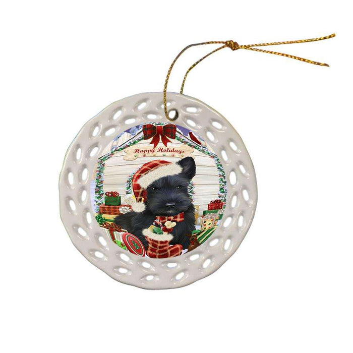 Happy Holidays Christmas Scottish Terrier Dog House With Presents Ceramic Doily Ornament DPOR51494