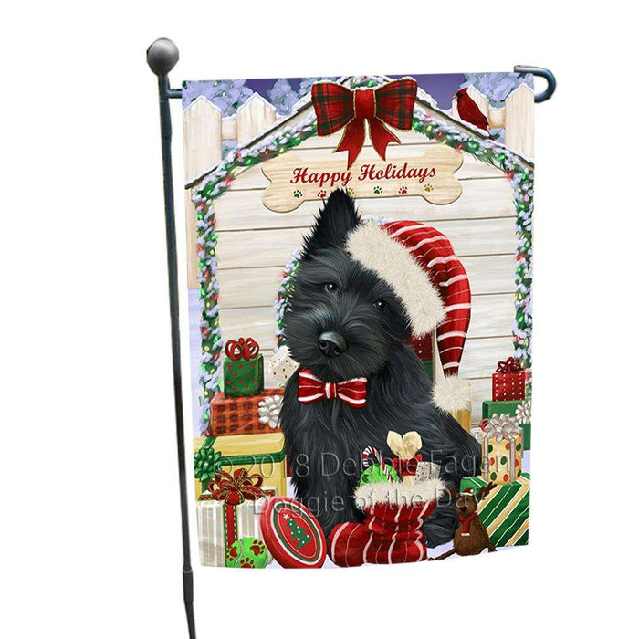 Happy Holidays Christmas Scottish Terrier Dog House With Presents Garden Flag GFLG51492