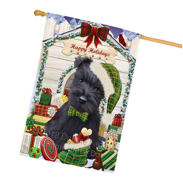 Happy Holidays Christmas Scottish Terrier Dog House With Presents House Flag FLG51625