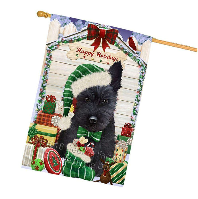 Happy Holidays Christmas Scottish Terrier Dog House With Presents House Flag FLG51626