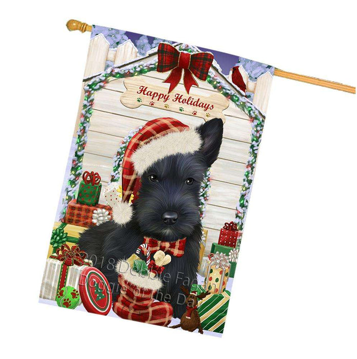 Happy Holidays Christmas Scottish Terrier Dog House With Presents House Flag FLG51627