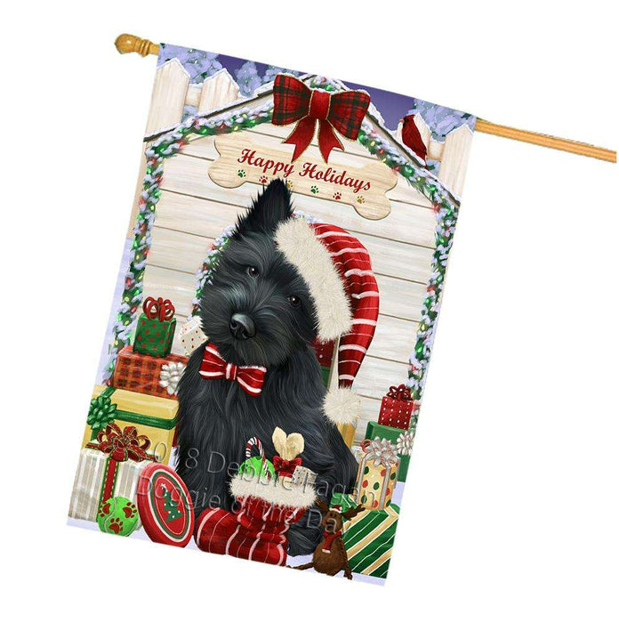 Happy Holidays Christmas Scottish Terrier Dog House With Presents House Flag FLG51628