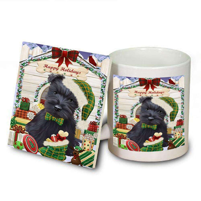 Happy Holidays Christmas Scottish Terrier Dog House With Presents Mug and Coaster Set MUC51484
