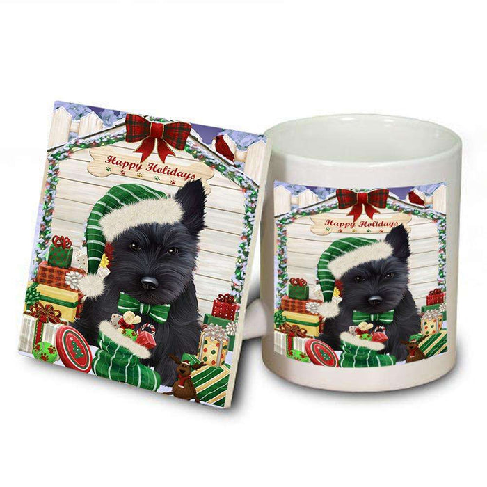 Happy Holidays Christmas Scottish Terrier Dog House With Presents Mug and Coaster Set MUC51485