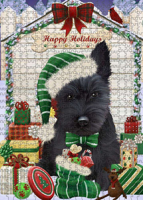 Happy Holidays Christmas Scottish Terrier Dog House with Presents Puzzle with Photo Tin PUZL58566