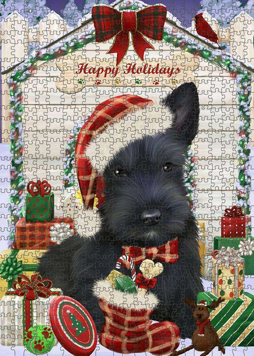 Happy Holidays Christmas Scottish Terrier Dog House with Presents Puzzle with Photo Tin PUZL58569