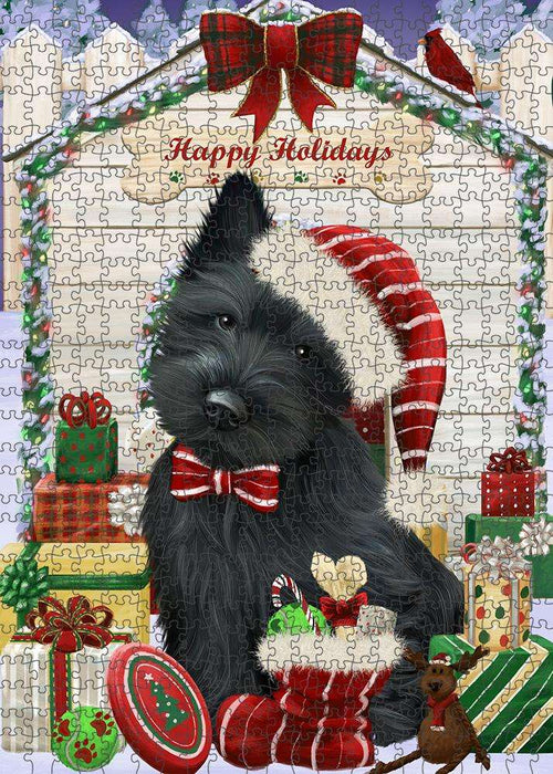 Happy Holidays Christmas Scottish Terrier Dog House with Presents Puzzle with Photo Tin PUZL58572