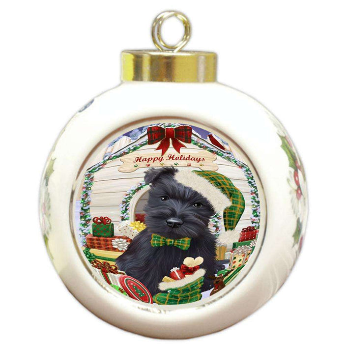 Happy Holidays Christmas Scottish Terrier Dog House With Presents Round Ball Christmas Ornament RBPOR51492