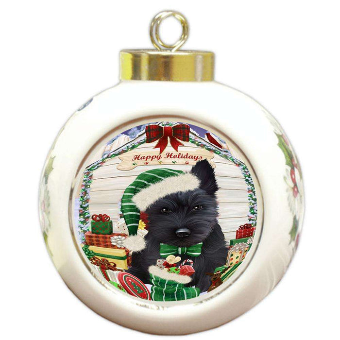 Happy Holidays Christmas Scottish Terrier Dog House With Presents Round Ball Christmas Ornament RBPOR51493