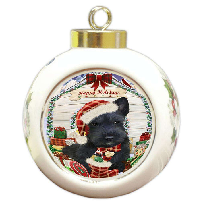 Happy Holidays Christmas Scottish Terrier Dog House With Presents Round Ball Christmas Ornament RBPOR51494