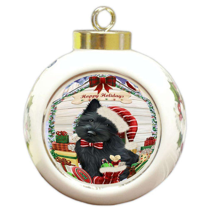 Happy Holidays Christmas Scottish Terrier Dog House With Presents Round Ball Christmas Ornament RBPOR51495