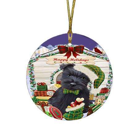 Happy Holidays Christmas Scottish Terrier Dog House With Presents Round Flat Christmas Ornament RFPOR51483