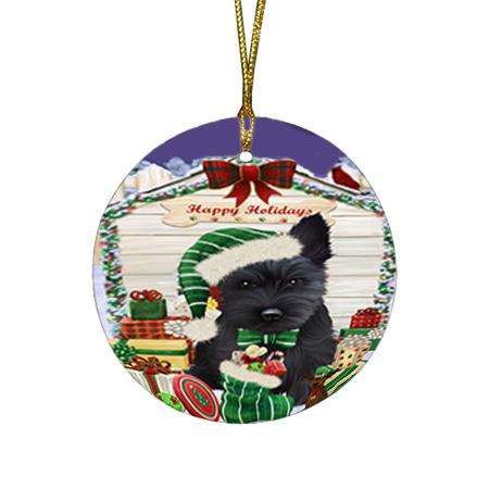 Happy Holidays Christmas Scottish Terrier Dog House With Presents Round Flat Christmas Ornament RFPOR51484