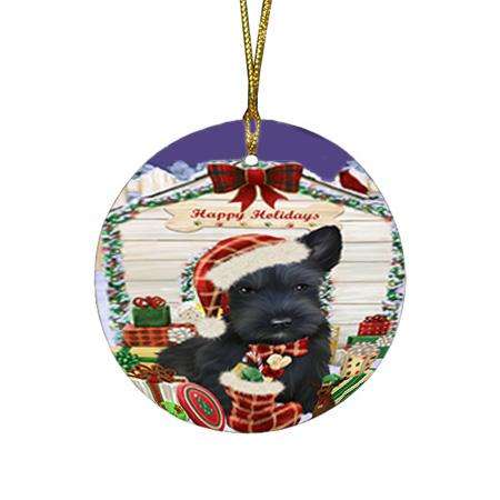Happy Holidays Christmas Scottish Terrier Dog House With Presents Round Flat Christmas Ornament RFPOR51485