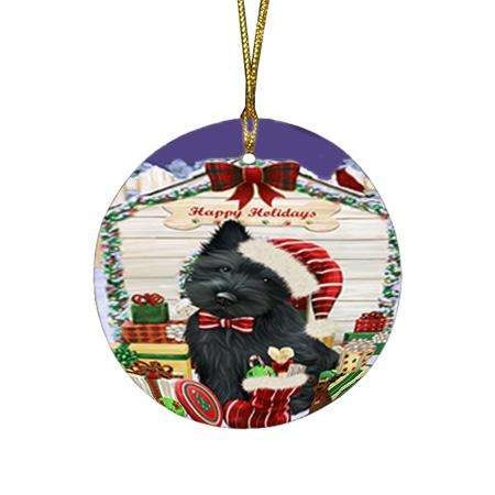 Happy Holidays Christmas Scottish Terrier Dog House With Presents Round Flat Christmas Ornament RFPOR51486
