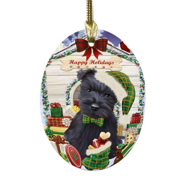 Happy Holidays Christmas Scottish Terrier House With Presents Oval Glass Christmas Ornament OGOR49950