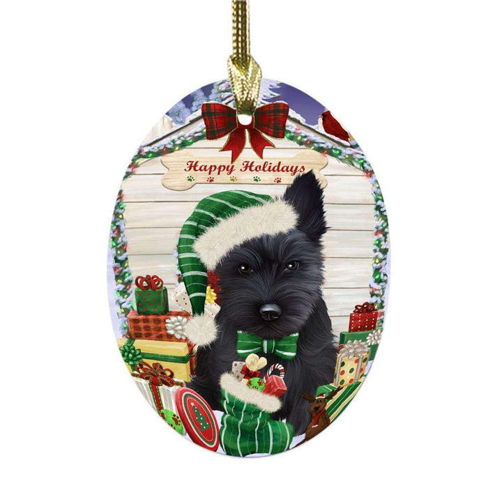 Happy Holidays Christmas Scottish Terrier House With Presents Oval Glass Christmas Ornament OGOR49951