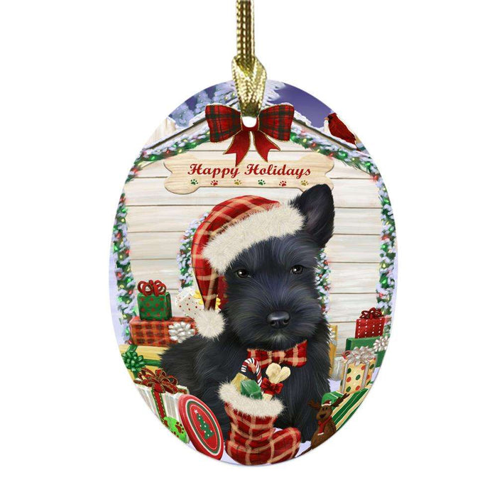Happy Holidays Christmas Scottish Terrier House With Presents Oval Glass Christmas Ornament OGOR49952