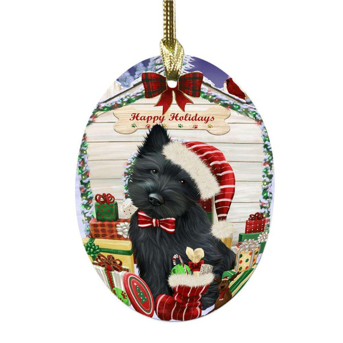Happy Holidays Christmas Scottish Terrier House With Presents Oval Glass Christmas Ornament OGOR49953