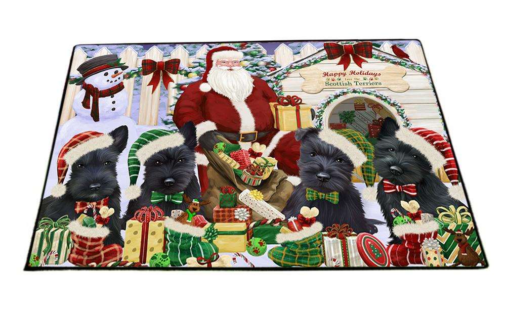 Happy Holidays Christmas Scottish Terriers Dog House Gathering Floormat FLMS51144